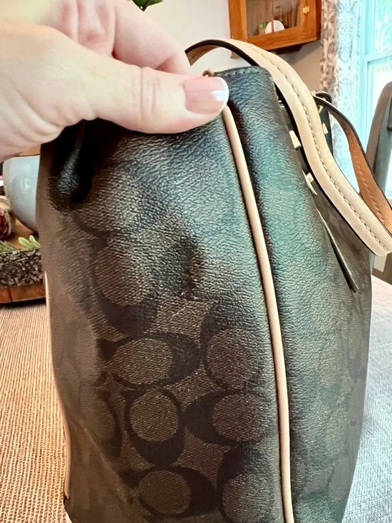 🤎Coach Signature Brown Canvas Tote Tan Leather Trim Shoulder Bag Zip Top - Picture 11 of 16